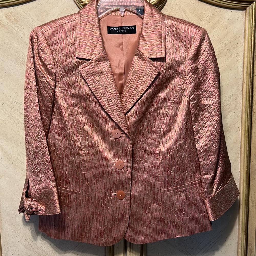 Dana Buchman Silk Coral Peach Gold 3/4 Sleeve Blazer Jacket